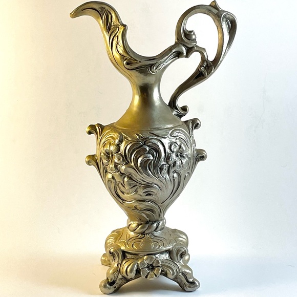Vintage Spelter French Style Urn/Ewer with Porcelain Floral Medallion - Picture 6 of 14